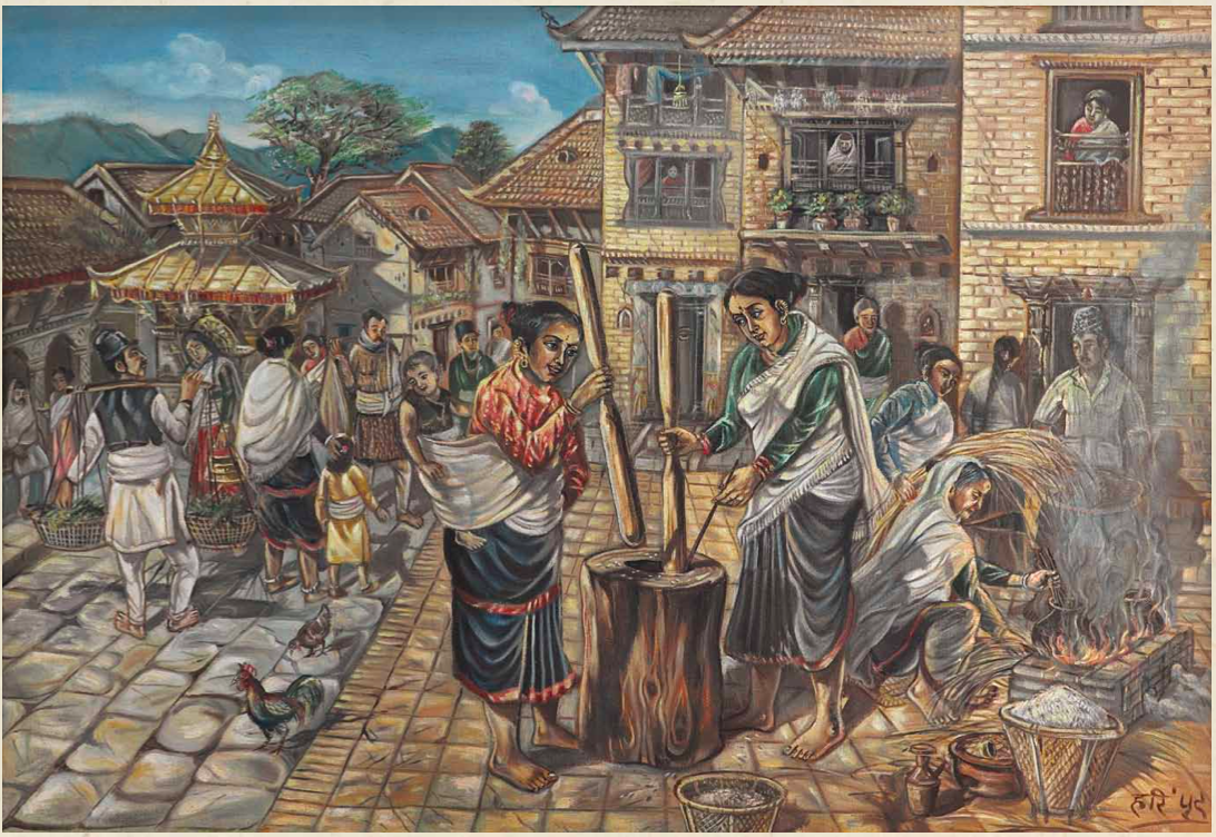 च्युरा कुट्दै गरेको ज्यापु समुदाय र काठमाडौंको तत्कालीन परिवेश। चित्र: हरिप्रसाद शर्मा